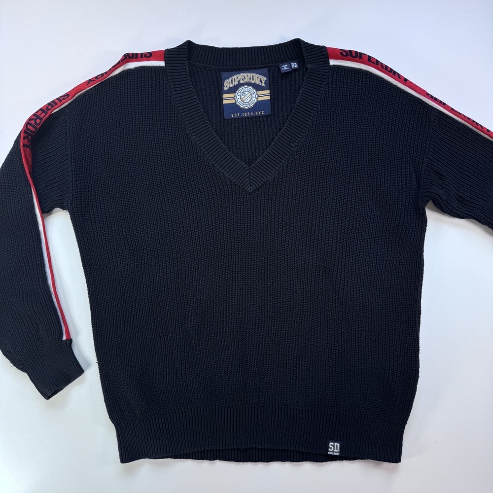 SUPERDRY Sporty Taped V Neck Knit Sweater Womens 10 Blue Red Logo Taping